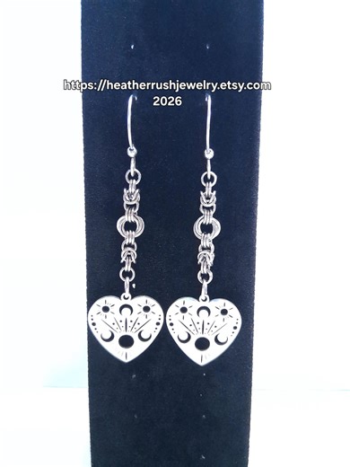 Earrings, Chainmaille in Half Byzantine and Mobios Weaves With Celestial Heart Charms, Stainless Steel (3") - Etsy