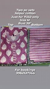 2.3K views · 17 reactions | Available pieces in M size Two pc jaipuri cotton set For bookings whatsapp 9962537344 No cash on delivery.Only prepaid. No exchange no refund for personal satisfaction. Opening video must for any issues. Community Link https://chat.whatsapp.com/EHNn0K77erPILIHiFW6PJS | Nandhini Salwars | Facebook