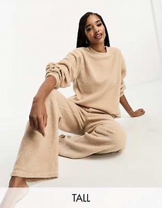 ASOS DESIGN Tall exclusive lounge borg sweat & wide leg pants set in camel  | ASOS
