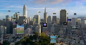 Connected aerial city with several interfaces. Futuristic concept. Augmented reality over San Francisco, United States.