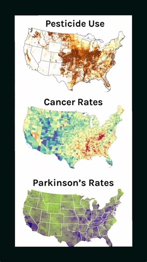 visual compares maps of pesticide use cancer rates and Parkinson's rates across the United States.