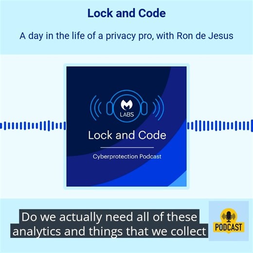 🎙️ NEW PODCAST 🎙️ This week on Lock and Code, host David Ruiz and Transcend Field Chief Privacy Officer Ron de Jesus talk about privacy and how people can judge whether companies' privacy "promises" have any merit. 👂 Listen to Lock and Code on our website https://mwb.link/4fo0LNc 🎧 Also available on your favorite podcast app | Malwarebytes