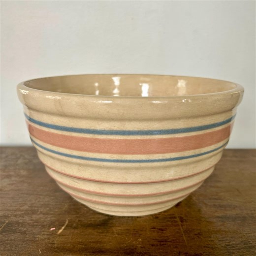 Antique Roseville Mixing Bowl | Pink & Blue Stripe Pottery | Farmhouse Cottage Kitchen Decor