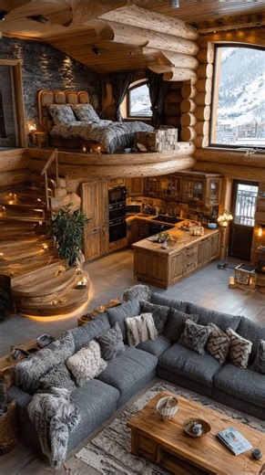This is the kind of log cabin that feels like a deep breath—an open-concept mountain lodge with a loft bedroom, warm timber beams, a rustic kitchen island, a stone accent wall, and huge windows looking out on snowy peaks. Imagine waking up above the kitchen, padding downstairs barefoot, and making coffee while the whole cabin glows in soft amber light—pure mountain cabin interior goals, luxury rustic design, cozy winter getaway, and chalet vibes all in one frame. If you could spend one quiet win