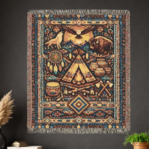Native American Style Woven Cotton Blanket - Southwest Tribal Western Rustic-Boho Throw Gift Home Decor