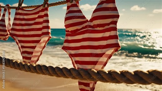 Elegant cinematic shot of vintage red and white striped swimsuits hanging on thick nautical ropes swaying gently in a coastal breeze near the ocean or swimming pool during summer vacation.
