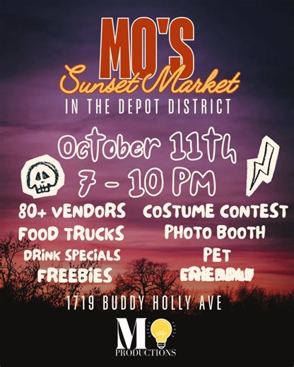 Mo’s Sunset Market: Warped Tour Edition 🕸️ Lace up your Vans, grab your crew, and throw on that Halloween fit — it’s time to hit the streets. We’re turning the Depot into a night of music, makers, and mayhem. ⚡️ 🗓 This Saturday | 7–10 PM | Depot District 🎶 Live bands • Food trucks • Local vendors • Spooky vibes Come for the tunes, stay for the chaos. See you at sunset, ghouls 🖤 #MosSunsetMarket #LubbockEvents #ShopLocal #WarpedTourVibes | Mo Productions