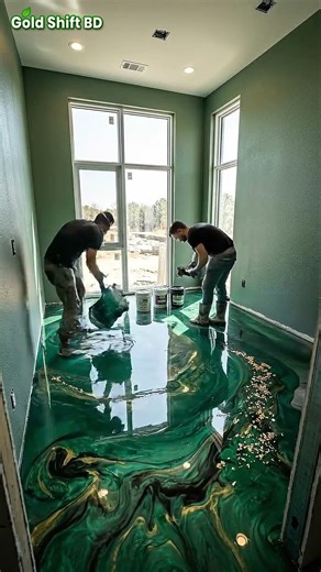 THIS FLOOR IS NEXT LEVEL CRAZY 😱 | Emerald Green Epoxy Floor with Gold Leaf Marble Swirls #epoxy