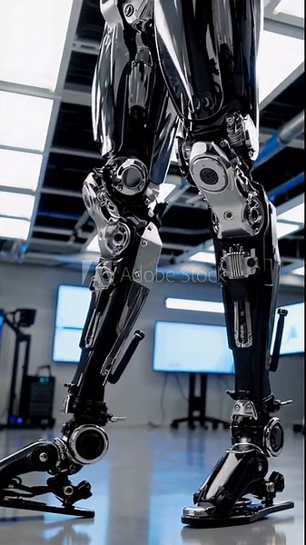 closeup robotic legs testing in lab with diagnostic screens, calibration rigs, sensor readouts, engineers inspecting joints, actuator tuning on treadmill, methodical assessment of balance