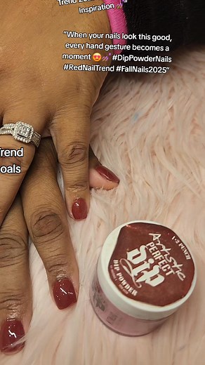 “Dip Powder Nails, Red Nail Trend, Celebrity Nails! Watch this flawless salon set glow with that deep glossy finish 😍✨” “This deep red dip powder manicure is giving rich auntie energy 💅🏾 Perfect for fall, this celebrity nail trend has been spotted on stars like Zendaya, Beyoncé, and Megan Thee Stallion—and now my client is slaying it too! If you love bold red nail designs, this look is your sign to book your next professional salon dip manicure and step into luxury nails that last 💅🏾💖" #Di