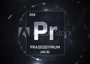 Praseodymium as Element 59 of the Periodic Table. Seamlessly looping 3D animation on silver illuminated atom design background with orbiting electrons. Design shows name, atomic weight and element num Stock Video