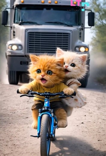 Two cats were riding their bikes down the road when a truck honked loudly, startling them. #catlover #kittycat #riding #bike #truck #road #littlebrother #kitten #viral
