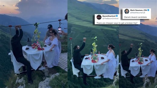 Couple’s Dare-Devil Dinner Date Dangling Over A Valley Scares The Internet: ‘Cheaper Ways To Get Broken Hips’