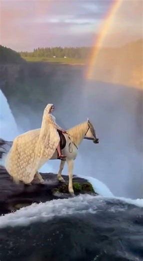 Victorian Corpse Bride Rides Across Waterfall Top✨️🌈🤍#gothic#victoriangoth#gothicspirit#corpsebride