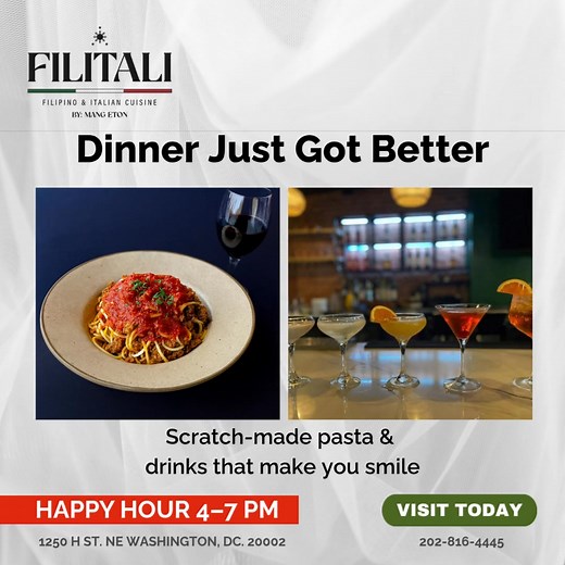 17K views | Looking for a cozy spot in DC to unwind after work? Enjoy cocktails, fresh pasta, and Filipino-Italian fusion flavors that hit the spot. 21 years perfecting Italian cuisine, now creating a Filipino-Italian fusion DC can’t stop talking about. ✨ Happy Hour 4–7 PM | Fresh Pasta Daily  Filitali, Washington DC | Filitali | Facebook