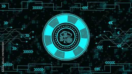 Futuristic Digital Cloud Computing Interface and Network Data Processing HUD Icons on Tech Background.