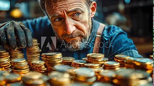 Man meticulously stacking gold coins, representing effort, hard work, and financial success. The scene emphasizes wealth accumulation and careful financial management