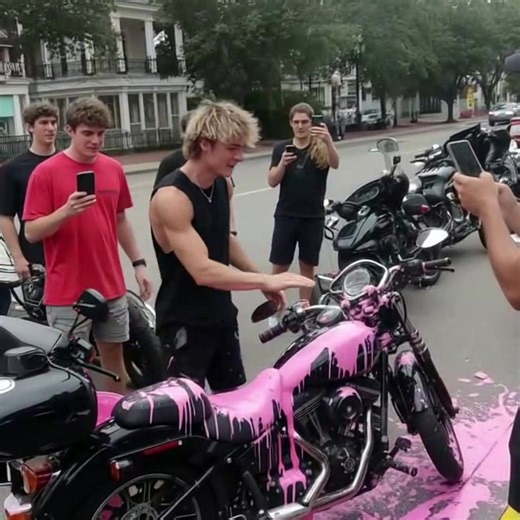Un TikToker s’est filmé en train de verser de la peinture sur des motos juste pour des vues Tyler Morrison, 22 ans, avec des mèches décolorées et 847 000 abonnés sur TikTok, diffusait tout cela en direct. « Salut, la bande de Ty ! Aujourd’hui, on apprend à ces vieux motards que leurs motos qui consomment du carburant tuent notre planète ! » Il brandissait un gallon de peinture rose pour maison, souriant à la caméra de son téléphone tandis que son ami Jordan filmait sous un autre angle. Les sept 
