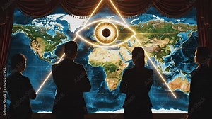 Business people observing a large world map display with a glowing eye of providence and pyramid symbol, representing a secret society's power and global conspiracy planning