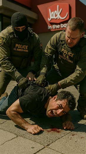 🚨 A forceful arrest by U.S. Border Patrol agents was captured on video outside a Jack in the Box in Los Angeles, California. The footage shows two agents in tactical gear, one wearing a balaclava, pinning a man to the ground as he repeatedly cries "Ayudame!"—Spanish for "Help me!" Sidewalk: The video, filmed from inside the restaurant, shows the agents struggling with the man on the concrete just outside the doors. A woman approaches and speaks with the man in Spanish, attempting to get his inf