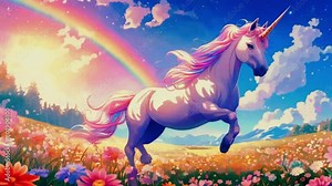 magical unicorn prancing through a field of sparkling flowers under a rainbow sky, 4k High-Quality anime-style animation video