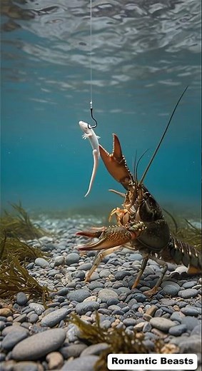 Crayfish trying to catch a lizard on a hook underwater