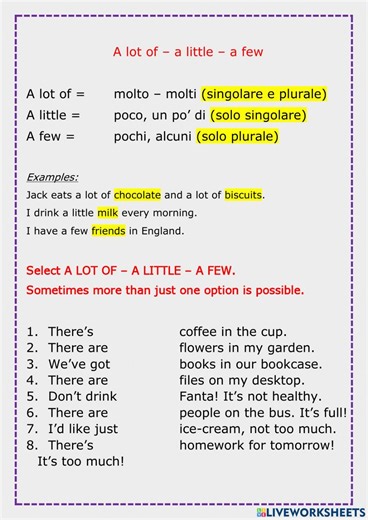 a lot of - a little - a few worksheet