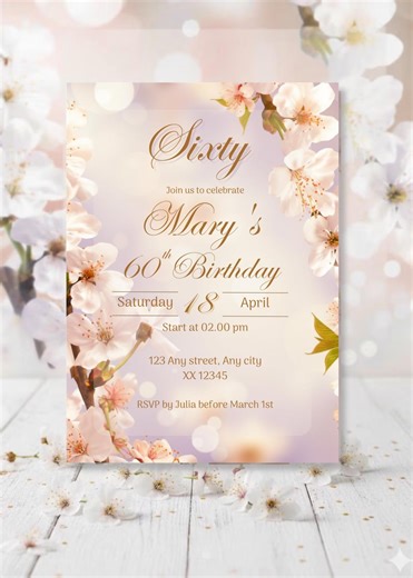 60th Birthday Invitation, Sixty-year Birthday Invitation, 60th Birthday Party, Spring Party, Blossom Party, Canvas Template - Etsy
