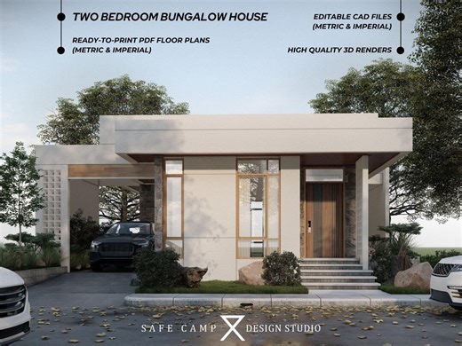 Two Bedroom Modern Bungalow House Plan, Open Floor Plan (A3 PDF) - Etsy