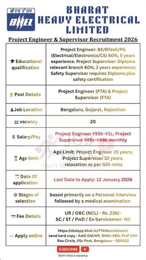 BHEL Project Engineer&Supervisor Recruitment 2026 |20 Vacancies | Interview Only#jobtalks4u #shorts