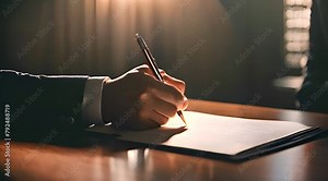 Detailed view of a person's hand meticulously signing a legal document