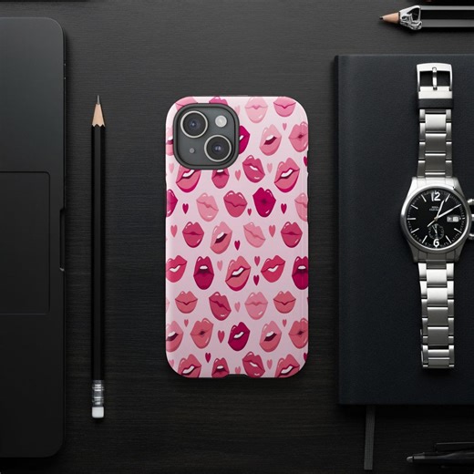 Pink Lips Hearts Pattern Phone Case, Kiss Design - Etsy