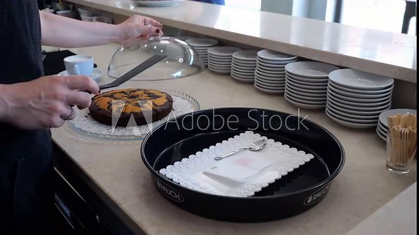 Professional barista brewing aromatic espresso using high end Wega Polaris machine during precise slow motion coffee preparation at workplace counter