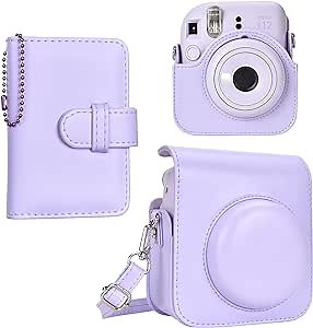 Fuji Mini 12 Camera Case and Photo Album, Protective Leather Case Compatible for Instax Mini 12 Instant Camera with Photo Album and Adjustable Shoulder Strap - Lilac Purple
