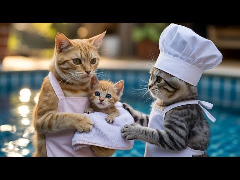 Mama Cat Saves Kitten Falls Into the Swimming Pool Dry Fur, Cook and Lulling Kitten to Sleep😿❤