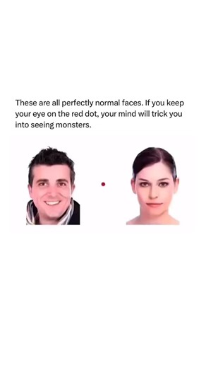 Memes, Entertainment, News on Instagram: "This illusion is known as the “flashed face distortion effect,” a phenomenon where normal faces start to appear grotesque or monstrous when viewed in quick succession while focusing on a fixed point. By keeping your eyes on the red dot, your brain begins to exaggerate differences between the faces—like uneven features, asymmetry, or unusual proportions—turning them into distorted, almost caricature-like versions of themselves. The effect happens because 