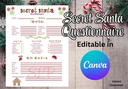 Secret Santa Questionnaire Canva Template Secret Santa Printable Editable in Canva Christmas Gift Exchange PDF Bundle 8.5 X 11 and A4 Sizes - Etsy