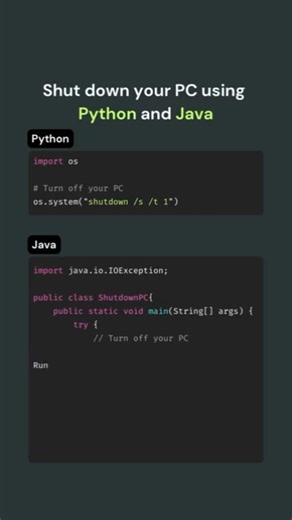 Python vs Java: Shut down your PC with code🐍#SnehaLogicHub#coding#short