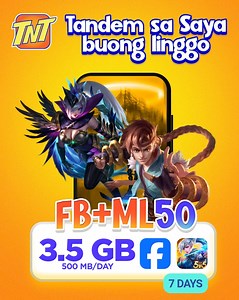 Mapapa-GG at SKL ka na lang buong linggo sa tandem ng bagong TNT promo na 'to, mga KaTropa! Sa TNT FB ML 50, solb na ang saya with 3.5 GB na pang-share sa FB at legendary wins sa MLBB. Valid for 7 days. Load na for only P50 sa Smart App: https://smrt.ph/SmartApp.FB | TNT PH