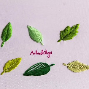 3M views · 4.4K reactions |  ¡Hola! En este tutorial, te muestro 6 puntadas básicas para bordar hojas.  ℹ️ Necesitarás: Tela lino flex , Hilos de madeja (6 tonos verde) y aguja # 3 (5cm). | Artesd'Olga | Facebook