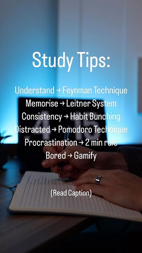 Nathan Johnston on Instagram: "Study tips from a straight A Student! (Check profile for more in depth explanations) 📚 Feynman technique: a 4 step process to understanding any topic. Involves teaching a concept to someone who’s never heard of it before then refining your understanding so you can explain it to a child Memorise - Leitner System: used both active recall and spaced repetition for maximum retention. Separate flashcards into 5 boxes and practice them accordingly… - box 1 = daily - box