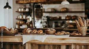Cozy artisanal bakery interior displaying fresh bread, perfect for concepts of rustic charm and French bakeries