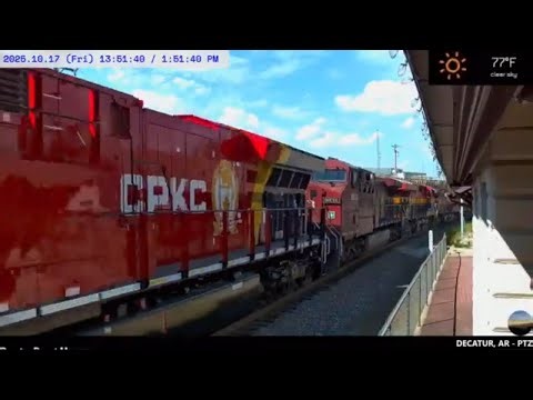 NB with Three New CP Locomotives in CPKC Paint at Decatur AR on 10.17.2025