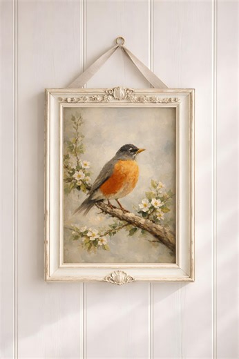 Vintage Robin Bird Wall Art Print – Antique Botanical Oil Painting Style, Cottagecore Farmhouse Decor, Spring Floral Nature Art - Etsy