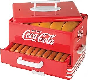 Nostalgia Extra Large Diner-Style Coca-Cola Hot Dog Steamer and Bun Warmer, 24 Hot Dog and 12 Bun Capacity, Steam Bratwursts, Sausages, Vegetables, Fish, Dumplings, Red