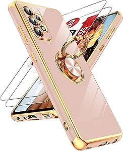 LeYi for Samsung A52 Phone Case: with Tempered Glass Screen Protector [2 Pack] 360° Rotatable Ring Holder Magnetic Kickstand, Plating Rose Gold Edge for Galaxy A52 5G Phone Case, Pink