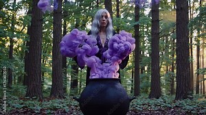 woman raises cauldron releasing purple smoke in forest. robe and hair frame hand over powder motion. smoke plume and vapor swirl around cauldron and tree trunk. mist and ember add color to atmosphere.
