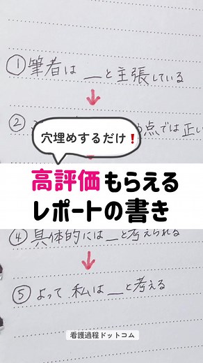 ＼文章作成が苦手な方必見‪💭‬／ レポートの書き方穴埋めテンプレ✍🏻 テンプレを使用する事で、自分の考えを整理しながら、各段階で何を書くべきかが明確になります🙋🏻‍♀️ ぜひ活用してみてくださいね☺️ #勉強垢 #勉強法 #勉強垢さんと繋がりたい #勉強動画 #勉強モチベ #看護学生勉強