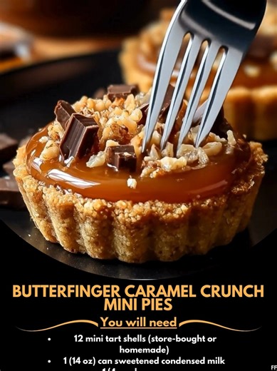 Butterfinger 🌴 Caramel Crunch Mini Pies Ingredients: 12 mini tart shells (store-bought or homemade) 1 (14 oz) can sweetened condensed milk 1/4 cup brown sugar 1/4 cup butter ..... Full Recipe in Coʍmеոτ 💬 🌖 | Grandma's Best Recipes