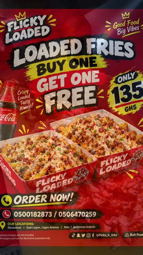 🍟🔥 BUY 1, GET 1 FREE! 🔥🍟 Craving loaded fries? Make it TWO! 😮‍💨🍟 PROMO PRICES: • GH₵135 — Buy 1, Get 1 FREE • GH₵170 — Buy 1, Get 1 FREE PROMO TERMS: ✅ Pay for ONE loaded fries at the listed price ✅ Receive ONE additional loaded fries FREE ✅ Offer applies to eligible loaded fries only ✅ One free loaded fries per paid loaded fries ✅ While the promo lasts 📲 Call: 0500182873 💬 WhatsApp: 0506470259 #FlicksAndLicks #LoadedFries #BuyOneGetOneFree #AccraFoodies #GhanaFood